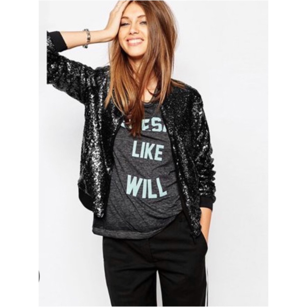 TED BAKER BROSINA SEQUIN 3/4 SLEEVE BOMBER JACKET SZ US 2 OR TED SZ 2